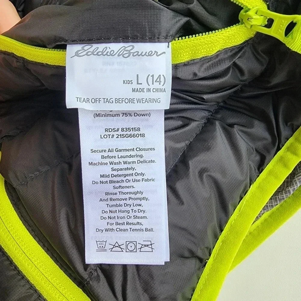 Eddie Bauer Reversible Jacket Boys Black Gray Green Puffer Hooded Down L (14)